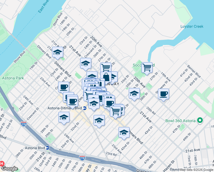 map of restaurants, bars, coffee shops, grocery stores, and more near in Queens
