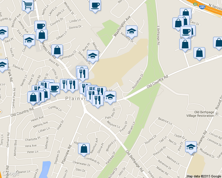 map of restaurants, bars, coffee shops, grocery stores, and more near 25 Bradford Road in Plainview