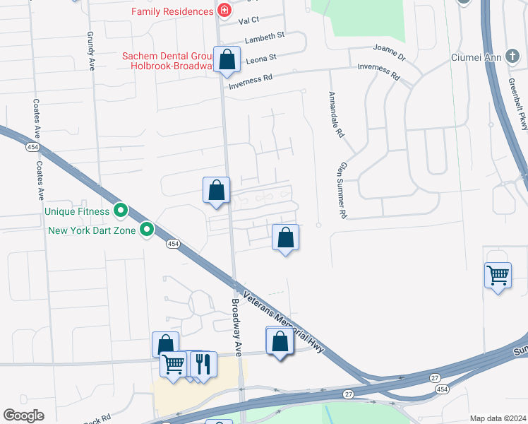 map of restaurants, bars, coffee shops, grocery stores, and more near 159 Starlight Walk in Holbrook