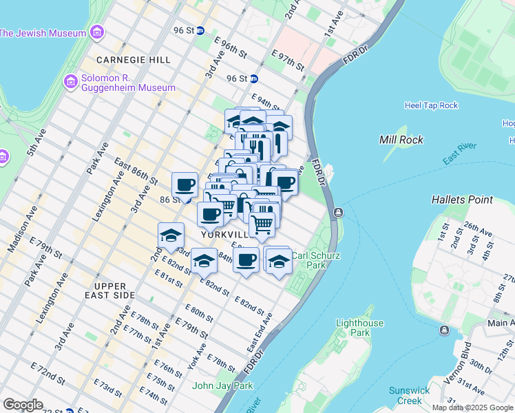 map of restaurants, bars, coffee shops, grocery stores, and more near 432 East 88th Street in New York