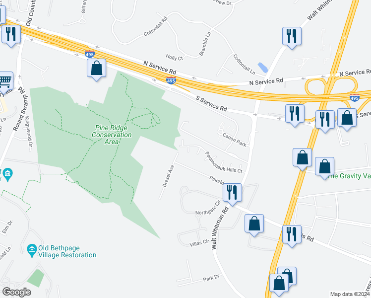 map of restaurants, bars, coffee shops, grocery stores, and more near 102 Cutchogue Court in Melville