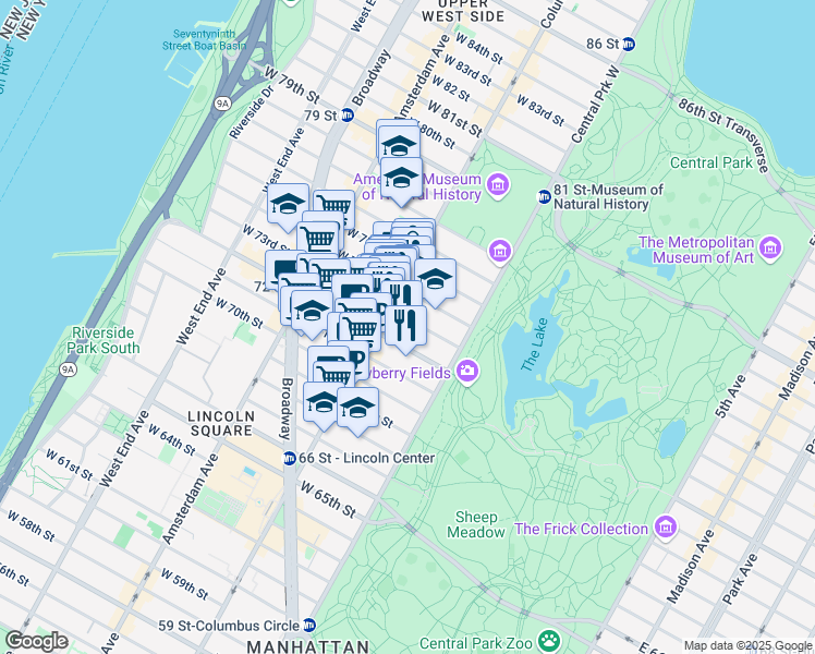 map of restaurants, bars, coffee shops, grocery stores, and more near 24 West 73rd Street in New York
