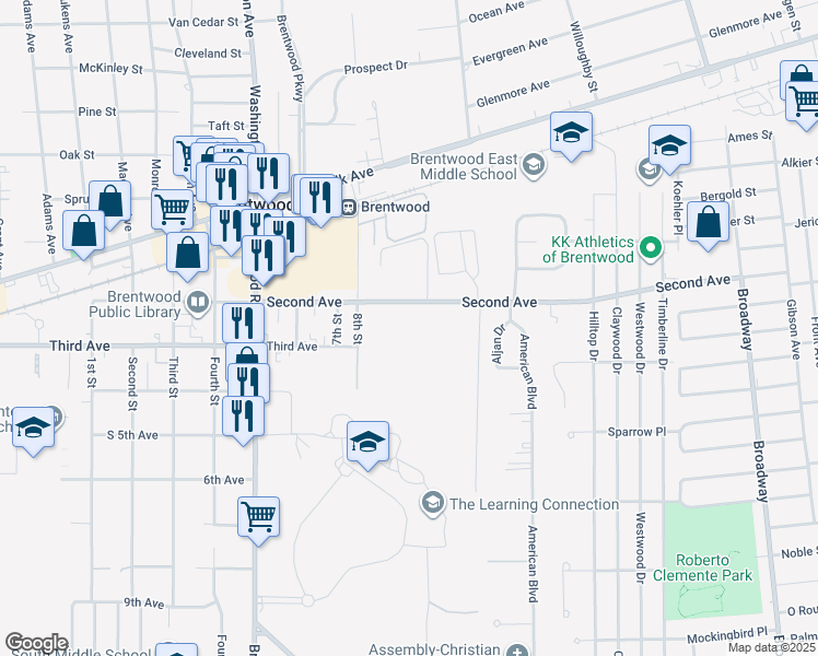 map of restaurants, bars, coffee shops, grocery stores, and more near 88 Second Avenue in Brentwood