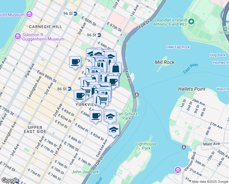 map of restaurants, bars, coffee shops, grocery stores, and more near 500 East 89th Street in New York
