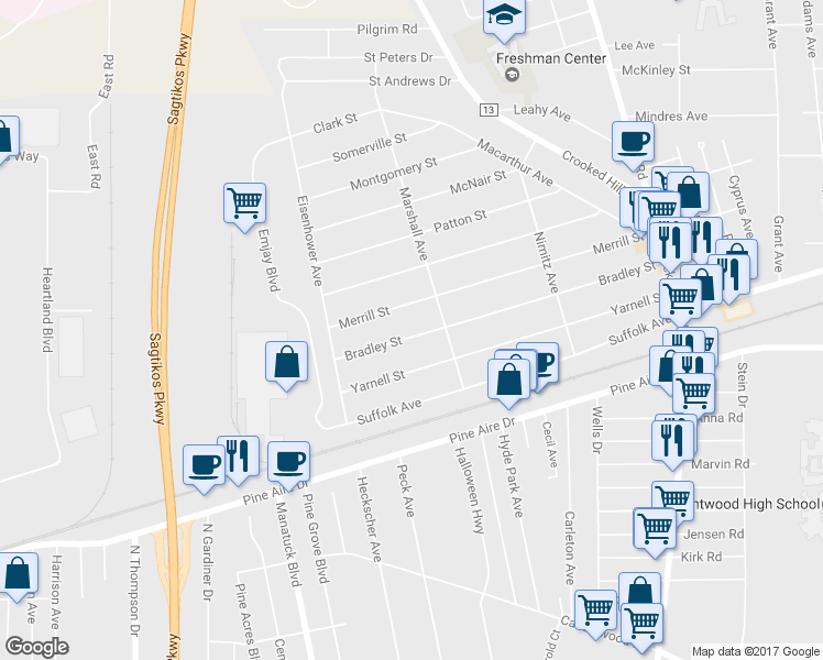 map of restaurants, bars, coffee shops, grocery stores, and more near 21 Bradley Street in Brentwood