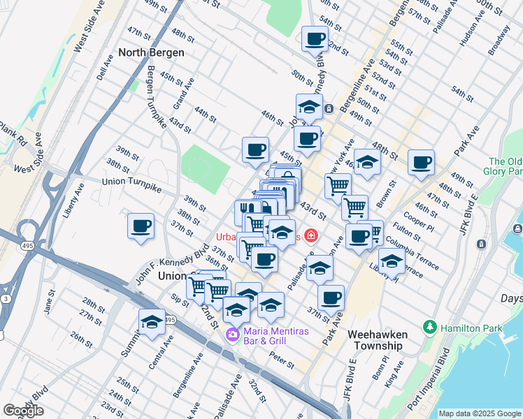 map of restaurants, bars, coffee shops, grocery stores, and more near 524 41st Street in Union City