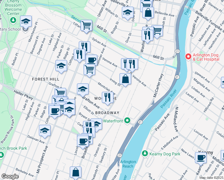 map of restaurants, bars, coffee shops, grocery stores, and more near 81 Montclair Avenue in Newark