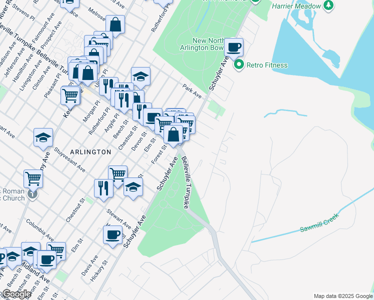 map of restaurants, bars, coffee shops, grocery stores, and more near 440 Belleville Turnpike in North Arlington