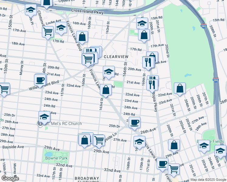 map of restaurants, bars, coffee shops, grocery stores, and more near 163-33 22nd Avenue in Queens