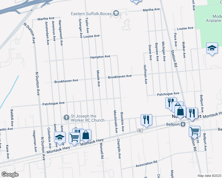 map of restaurants, bars, coffee shops, grocery stores, and more near 630 Macdonald Avenue in Bellport