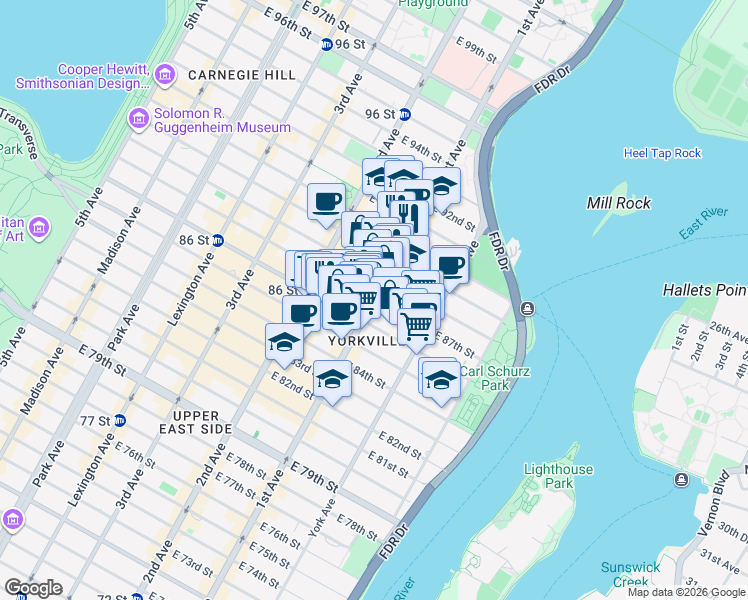 map of restaurants, bars, coffee shops, grocery stores, and more near 433 East 87th Street in New York