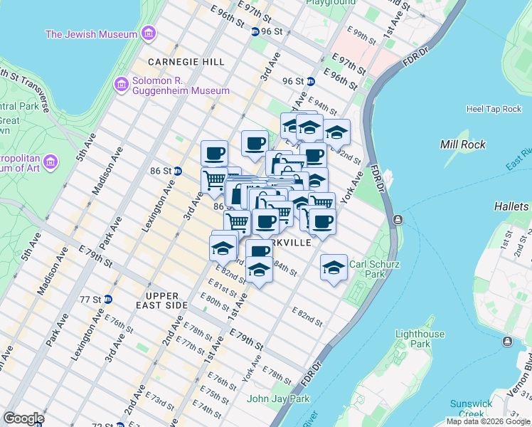 map of restaurants, bars, coffee shops, grocery stores, and more near 1661 1st Avenue in New York