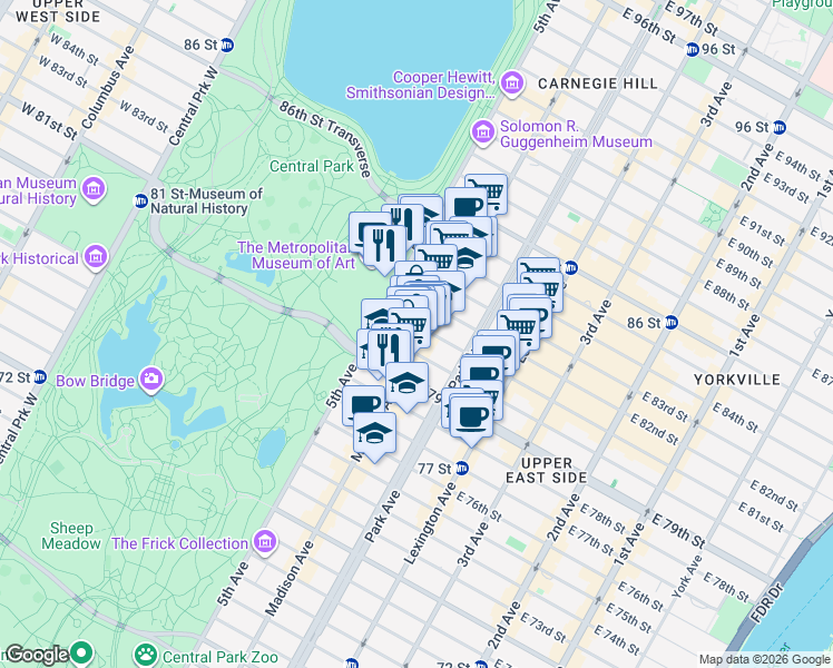 map of restaurants, bars, coffee shops, grocery stores, and more near 6 East 80th Street in New York