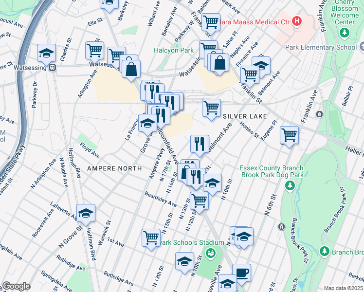 map of restaurants, bars, coffee shops, grocery stores, and more near 25 Columbus Street in Bloomfield