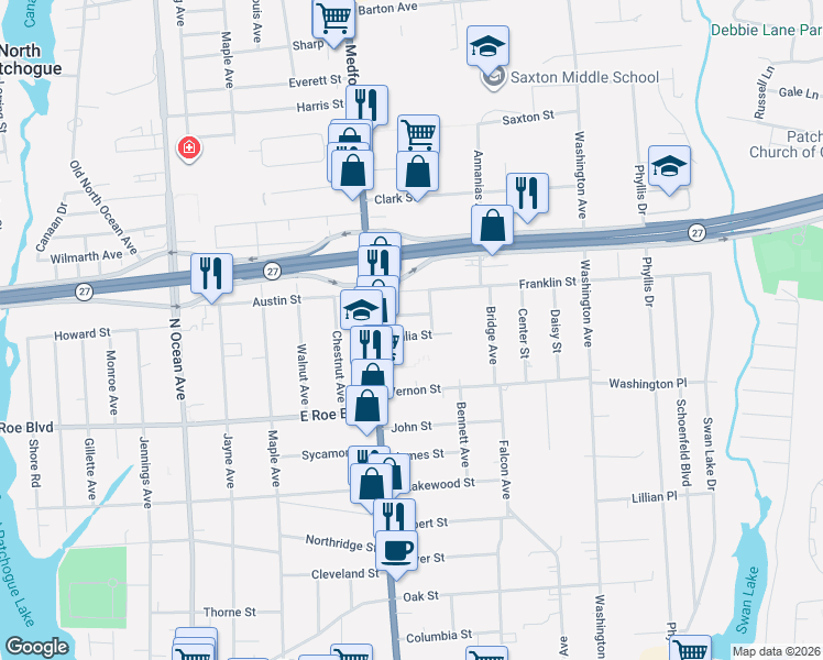 map of restaurants, bars, coffee shops, grocery stores, and more near 31 Dahlia St in Patchogue