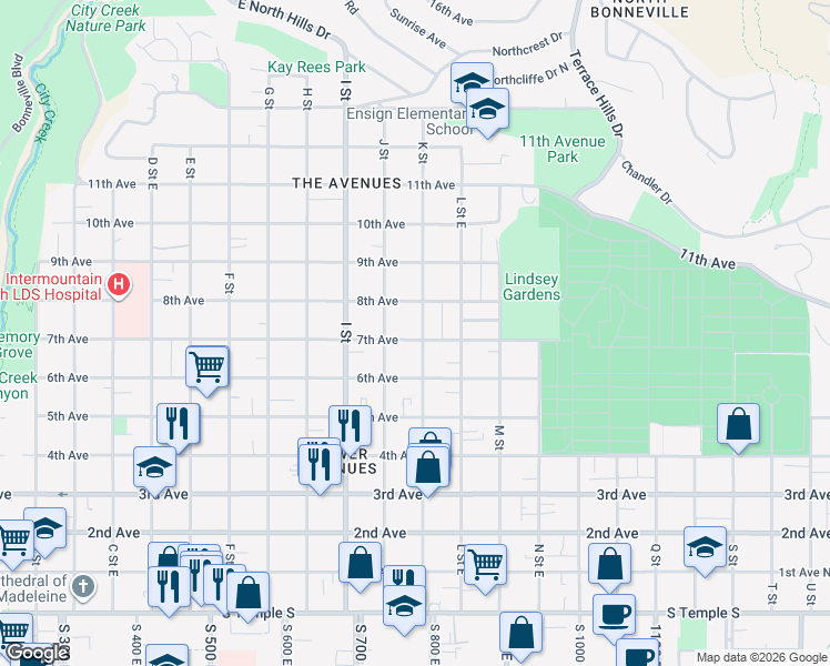 map of restaurants, bars, coffee shops, grocery stores, and more near 679 7th Avenue in Salt Lake City