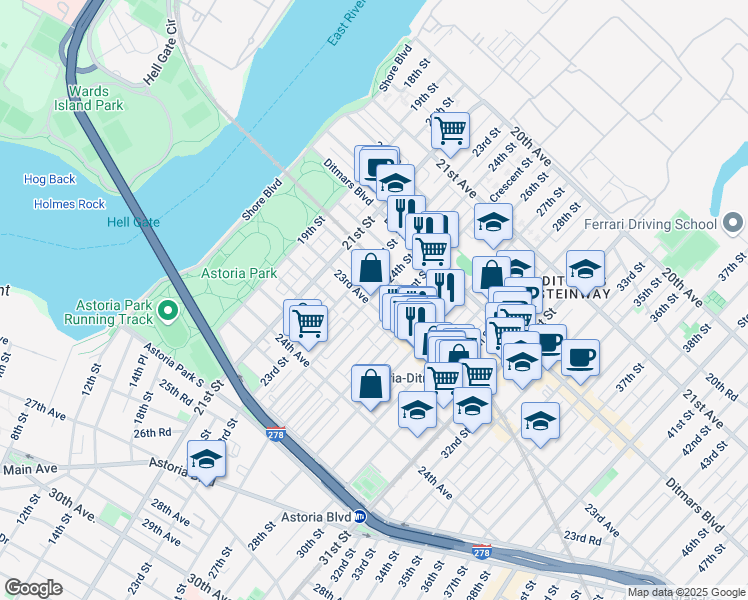 map of restaurants, bars, coffee shops, grocery stores, and more near in Queens