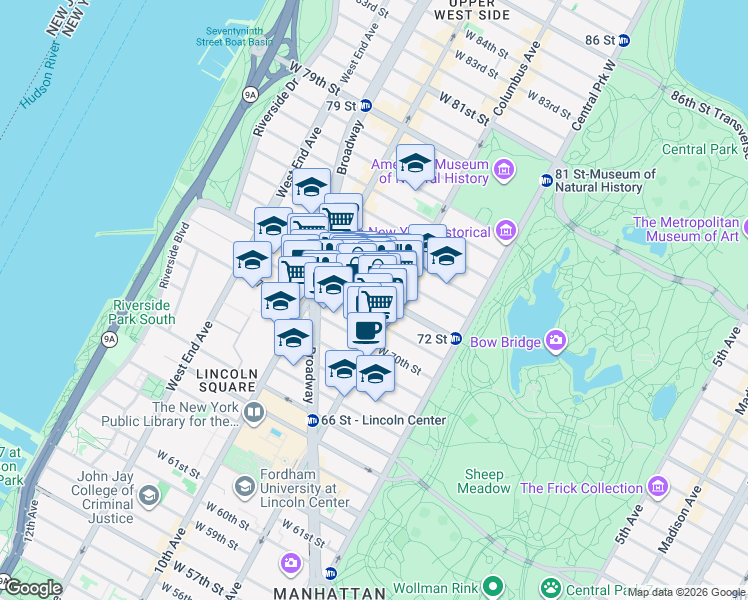 map of restaurants, bars, coffee shops, grocery stores, and more near in New York
