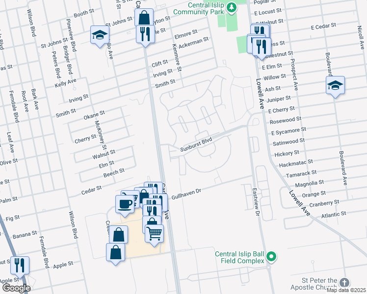 map of restaurants, bars, coffee shops, grocery stores, and more near 3 Sunburst Terrace in Central Islip