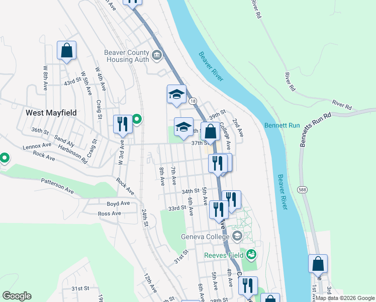 map of restaurants, bars, coffee shops, grocery stores, and more near 3612 6th Avenue in Beaver Falls