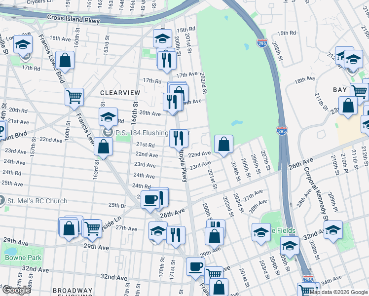 map of restaurants, bars, coffee shops, grocery stores, and more near 199-27 22nd Avenue in Queens