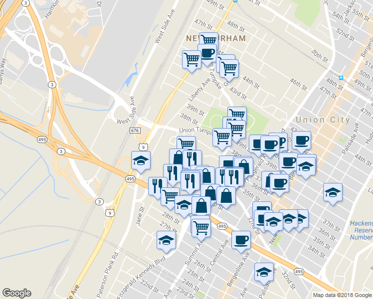 map of restaurants, bars, coffee shops, grocery stores, and more near 3651 Meadow Lane in North Bergen
