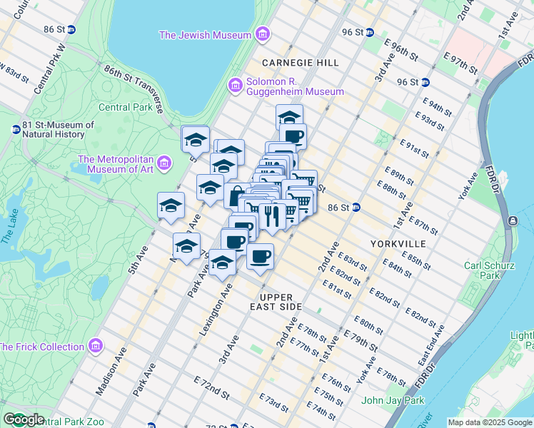 map of restaurants, bars, coffee shops, grocery stores, and more near 133 East 83rd Street in New York