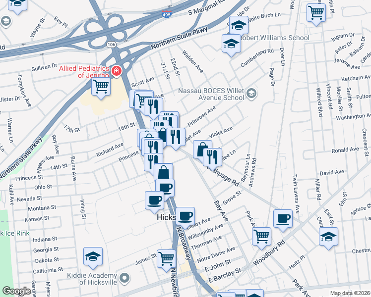 map of restaurants, bars, coffee shops, grocery stores, and more near 147 Bethpage Road in Hicksville