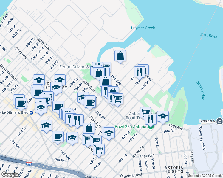 map of restaurants, bars, coffee shops, grocery stores, and more near 19-40 Steinway Street in Queens