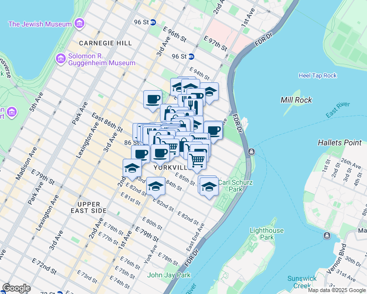 map of restaurants, bars, coffee shops, grocery stores, and more near 1689 1st Avenue in New York