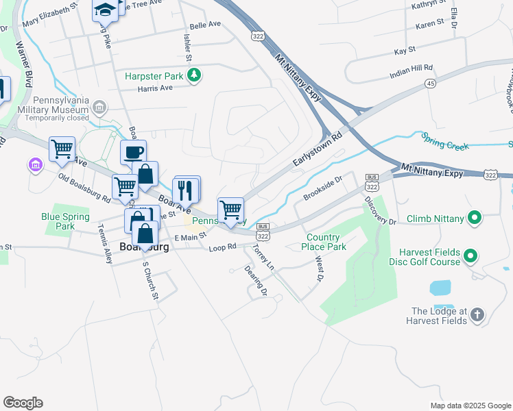 map of restaurants, bars, coffee shops, grocery stores, and more near 790 Ashworth Lane in Boalsburg