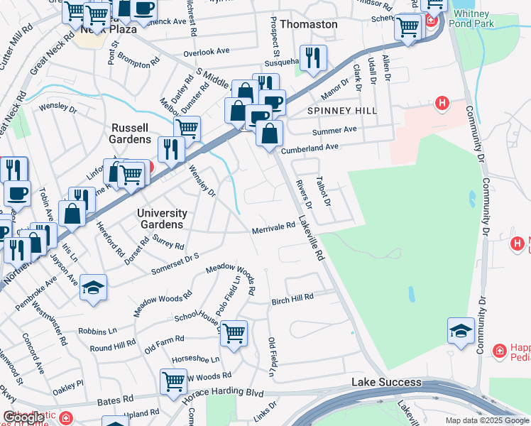 map of restaurants, bars, coffee shops, grocery stores, and more near 1 Merrivale Terrace in Great Neck