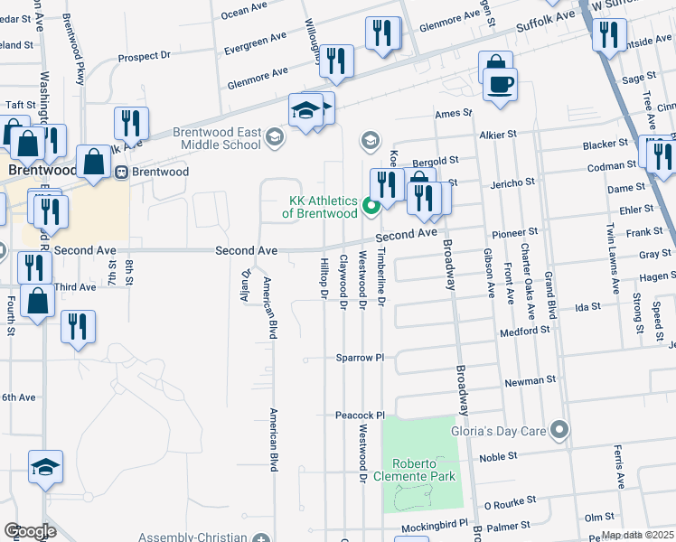 map of restaurants, bars, coffee shops, grocery stores, and more near 110 Westwood Drive in Brentwood