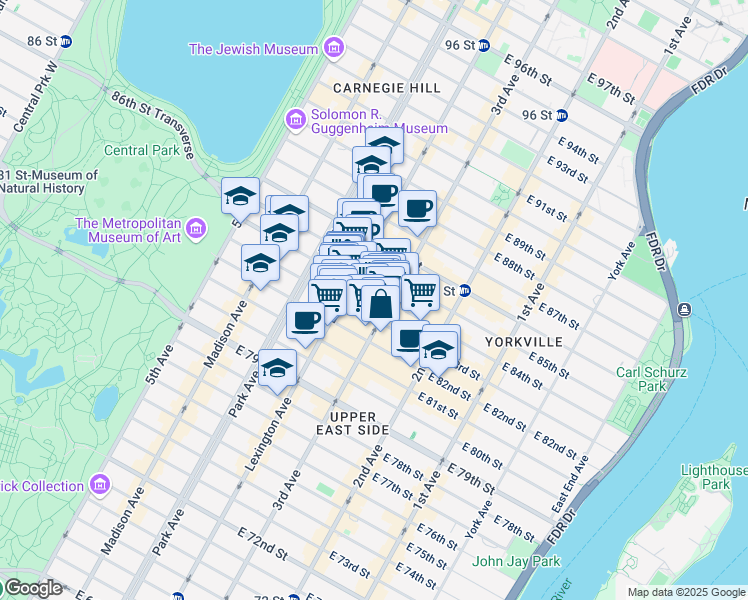 map of restaurants, bars, coffee shops, grocery stores, and more near 158 East 84th Street in New York