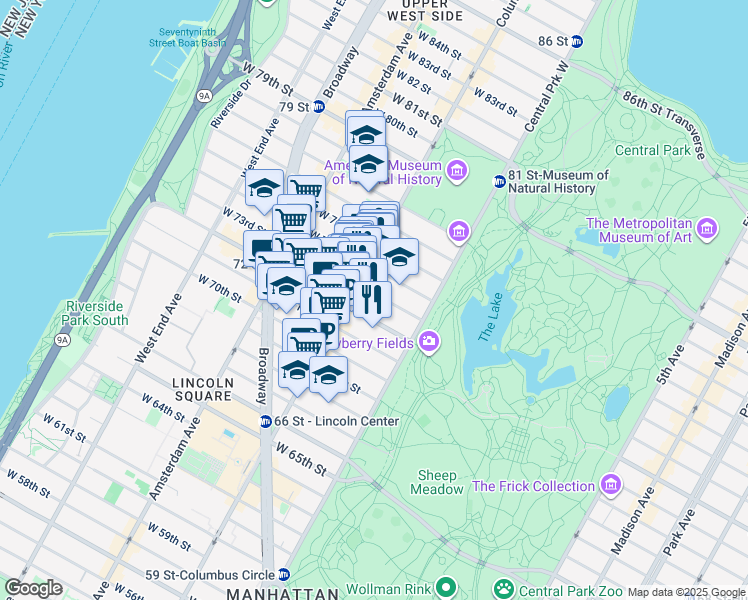 map of restaurants, bars, coffee shops, grocery stores, and more near 32 West 73rd Street in New York
