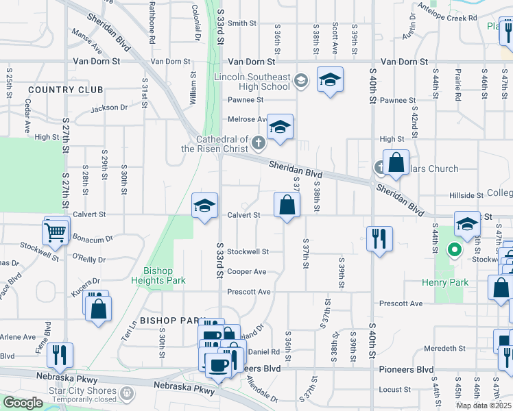 map of restaurants, bars, coffee shops, grocery stores, and more near 3520 South 35th Street in Lincoln