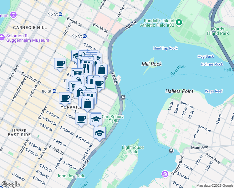 map of restaurants, bars, coffee shops, grocery stores, and more near 623 East 90th Street in New York