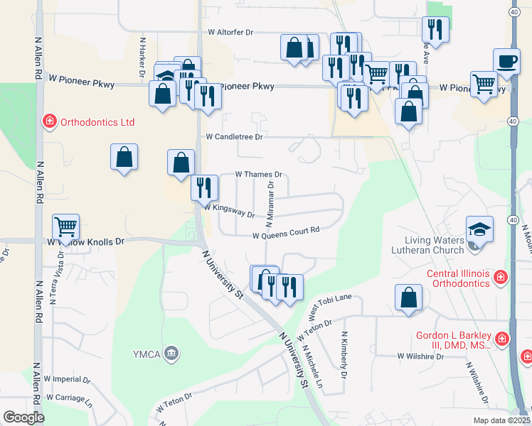 map of restaurants, bars, coffee shops, grocery stores, and more near 1603 W Kingsway Dr in Peoria