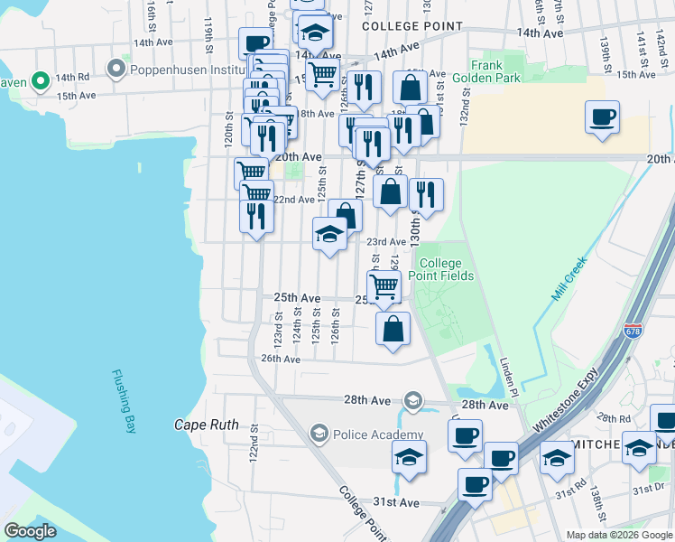 map of restaurants, bars, coffee shops, grocery stores, and more near 23-40 127th Street in Queens