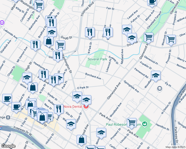 map of restaurants, bars, coffee shops, grocery stores, and more near 68 Burchard Avenue in East Orange