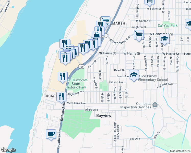 map of restaurants, bars, coffee shops, grocery stores, and more near 3338 High Street in Eureka