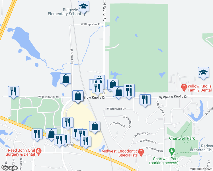 map of restaurants, bars, coffee shops, grocery stores, and more near 7404 North Radnor Road in Peoria