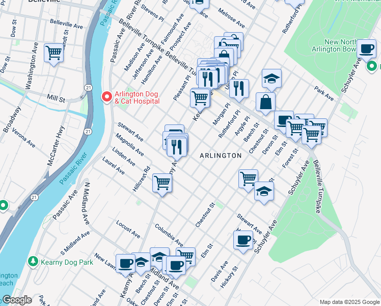 map of restaurants, bars, coffee shops, grocery stores, and more near 65 Stuyvesant Avenue in Kearny