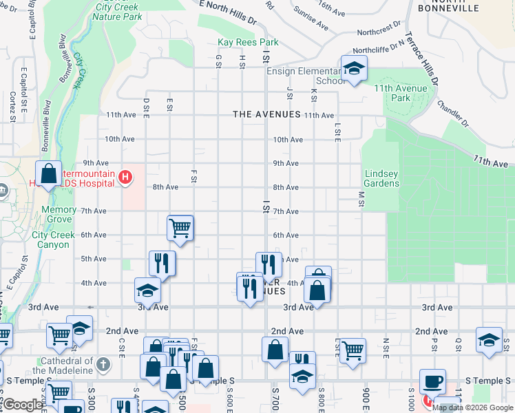 map of restaurants, bars, coffee shops, grocery stores, and more near 358 I Street in Salt Lake City