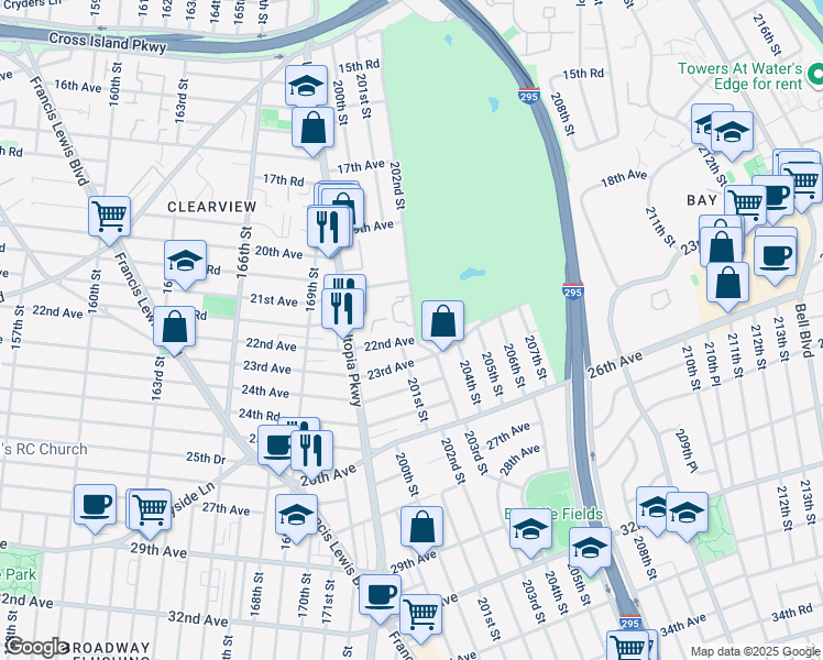 map of restaurants, bars, coffee shops, grocery stores, and more near 199-01 22nd Avenue in Queens