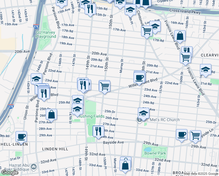 map of restaurants, bars, coffee shops, grocery stores, and more near 150-28 23rd Avenue in Queens