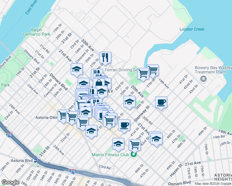 map of restaurants, bars, coffee shops, grocery stores, and more near 2063 33rd Street in Queens