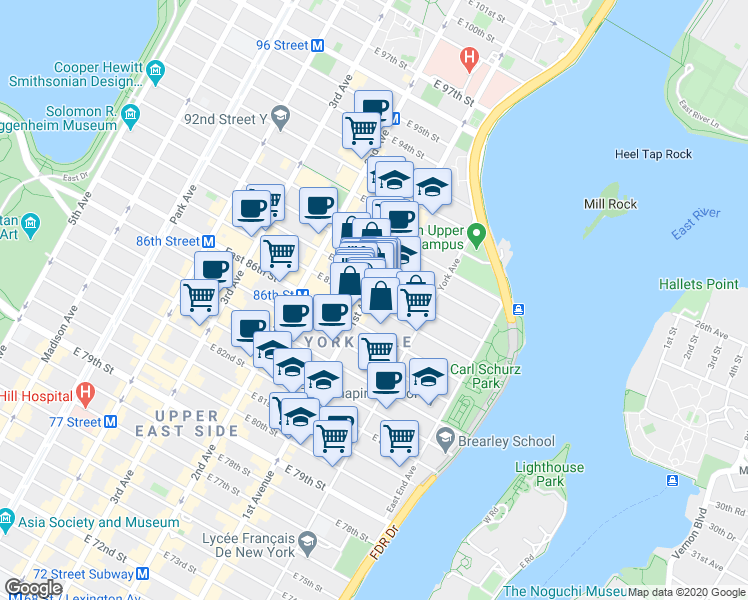 map of restaurants, bars, coffee shops, grocery stores, and more near 1689 1st Avenue in New York