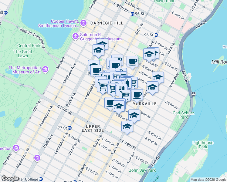 map of restaurants, bars, coffee shops, grocery stores, and more near 229 East 85th Street in New York