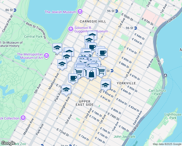 map of restaurants, bars, coffee shops, grocery stores, and more near 1470 3rd Avenue in New York